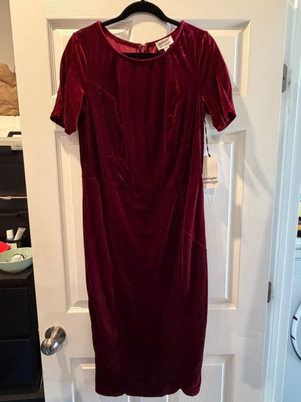 Unique Vintage 1960s Burgundy Velvet Short Sleeve Stretch Mod Wiggle Dress